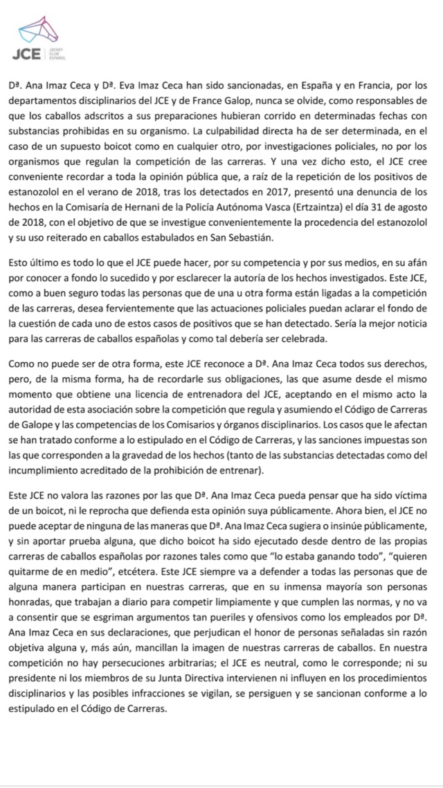 Comunicado de la Junta Directiva del Jockey Club Español en relación a las declaraciones a Okdiario de Dnª Ana Imaz Ceca 3ee40810