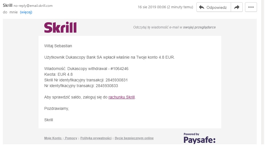 Dukascopy Bank SA 4.88 EUR za weryfikację i otwarcie konta expresowa wypłata na skrill Dukasc10