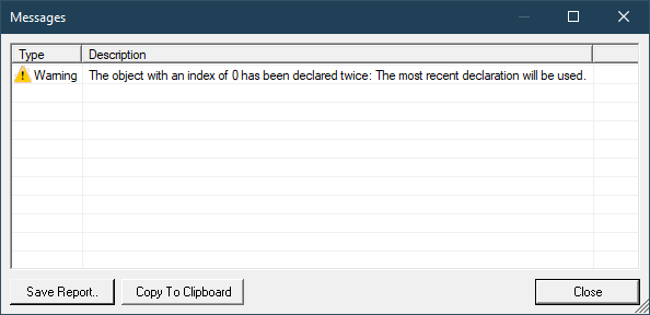 Strange warning message: the object with an index of 0 has been declared twice Declar10