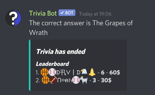Trivia tonight using high school bot Trivia11