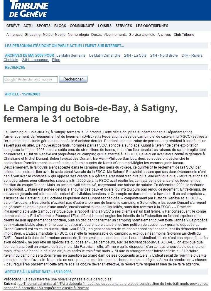 2003-10-15 Tribune de Genève, Le camping du Bois-de-Bay fermera le 31 Octobre 2003-110
