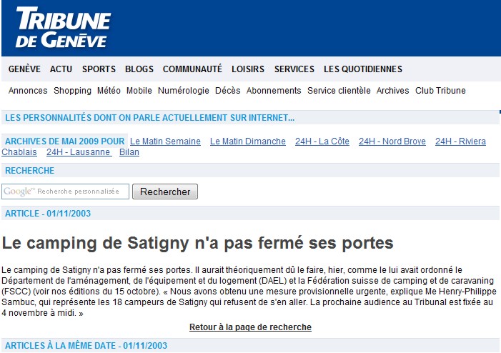 2003-11-01 Tribune de Genève, le camping de Satigny n'a pas fermé ses portes 2003-112