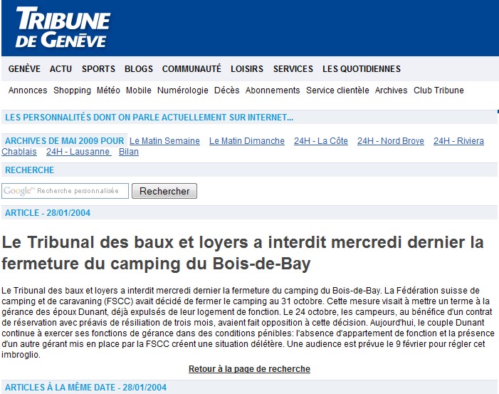 2004-01-28 Tribune de Genève, Le Tribunal des baux et loyers a interdit la fermeture du camping 2004-110