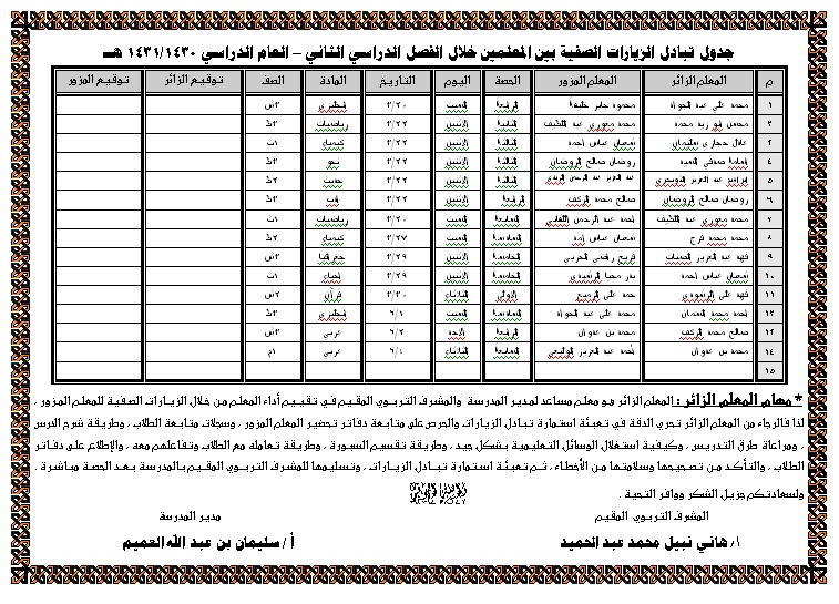 جدول تبادل الزيارات الصفية بين المعلمين للفصل الدراسي الثاني 30/ 1431هـ Oooou_10