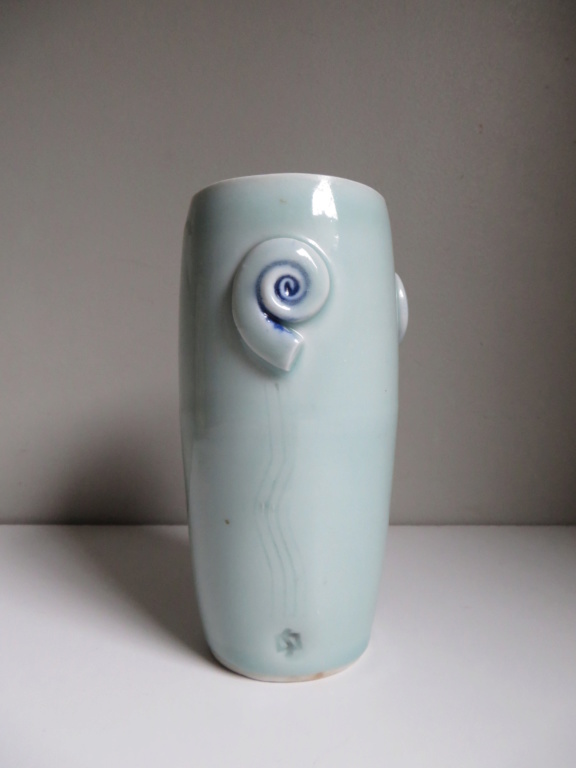 Celadon glazed porcelain vase with shell decoration - square and S mark Img_8812