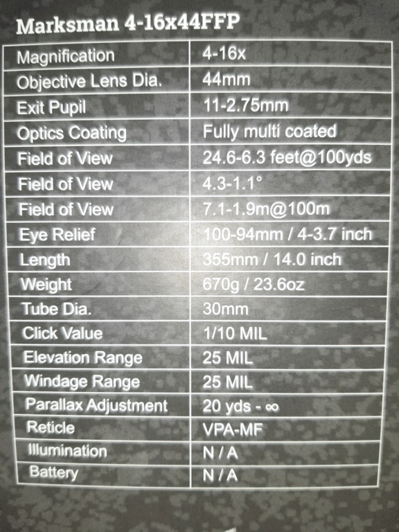 Vector Optics Marksman 4-16x44FFP Milrad  20230712