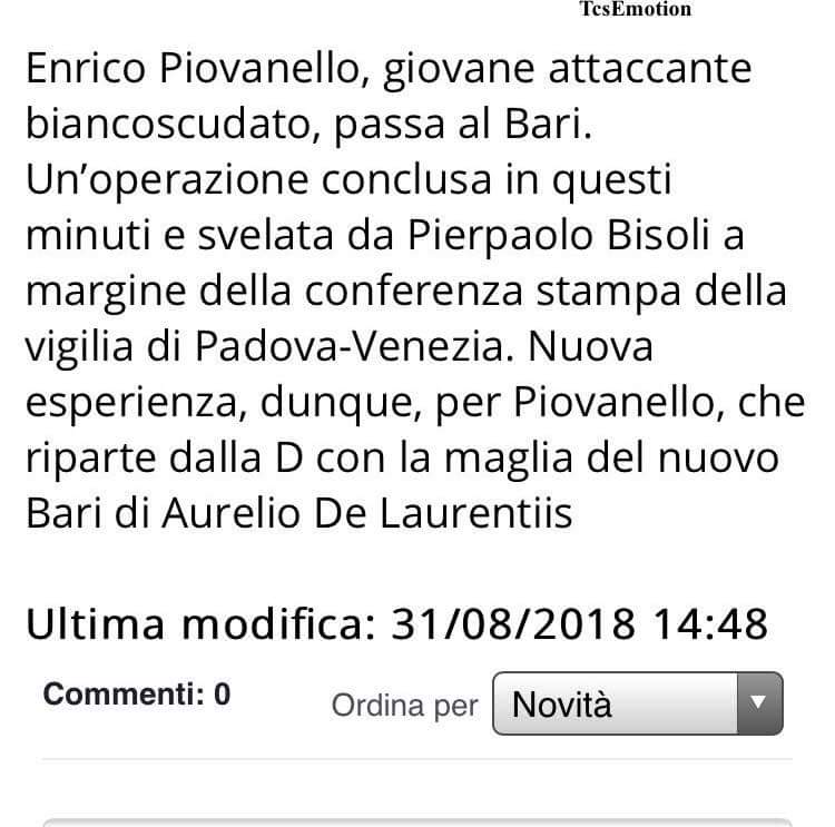 Bisoli conferma l'arrivo di Piovanello a Bari Receiv10