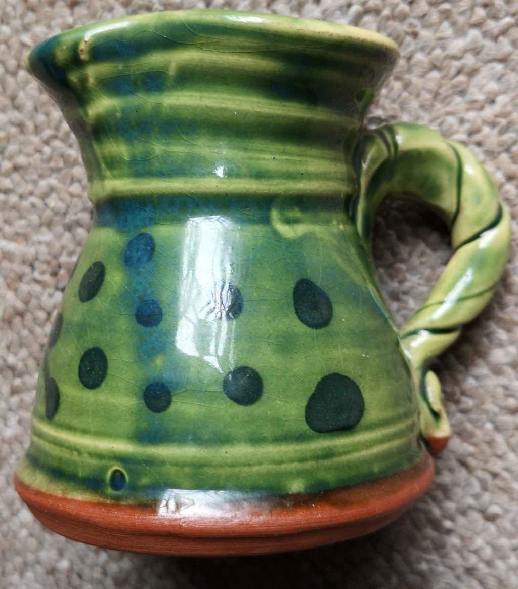 Green dotty jug, twisty handle, bird mark- possibly Gillian Hayes Newington Img_2110