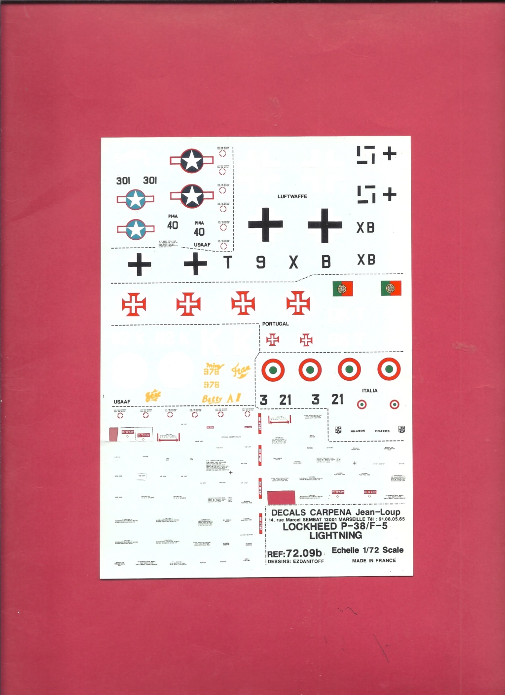 [CARPENA] Planche de décals LOCKHEED P 38 & F5 LIGHTNING 1/72ème Réf 72.09 Carpe214