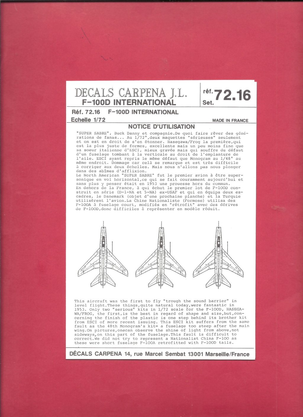 [CARPENA] Planche de décals NORTH AMERICAN F 100 1/72ème Réf 72.16 Carpe215