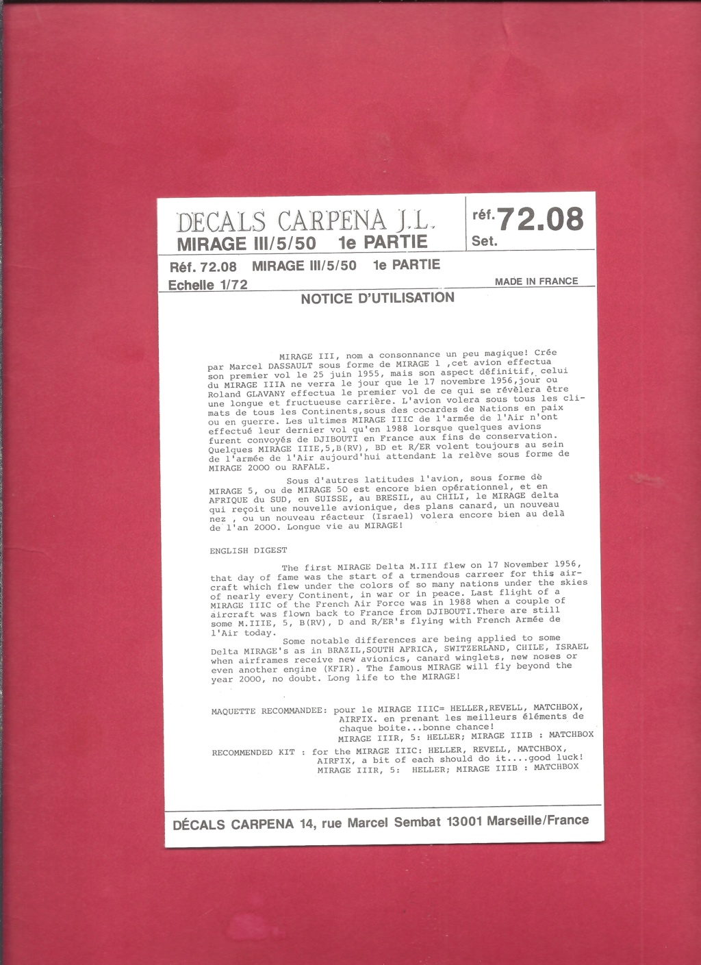 [CARPENA] Planche de décals  DASSAULT MIRAGE III 1ère partie 1/72ème  Réf 72.08 Carpen33