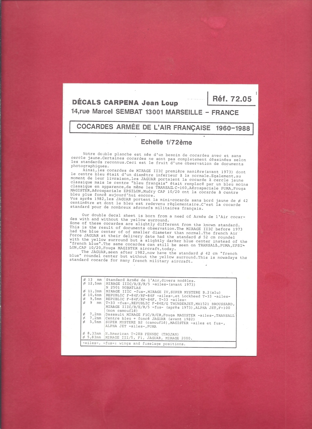 [CARPENA] Planche de décals Cocardes  Armée de l Air 1960-1988 1/72ème Réf 72.05  Carpen47