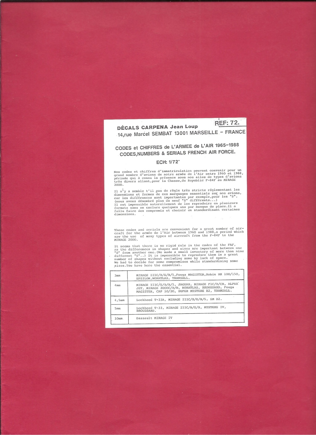 [CARPENA] Planche de décals  Codes et chiffres de l Armée de l Air 1965-1988 1/72ème  Réf 72.11 Carpen66