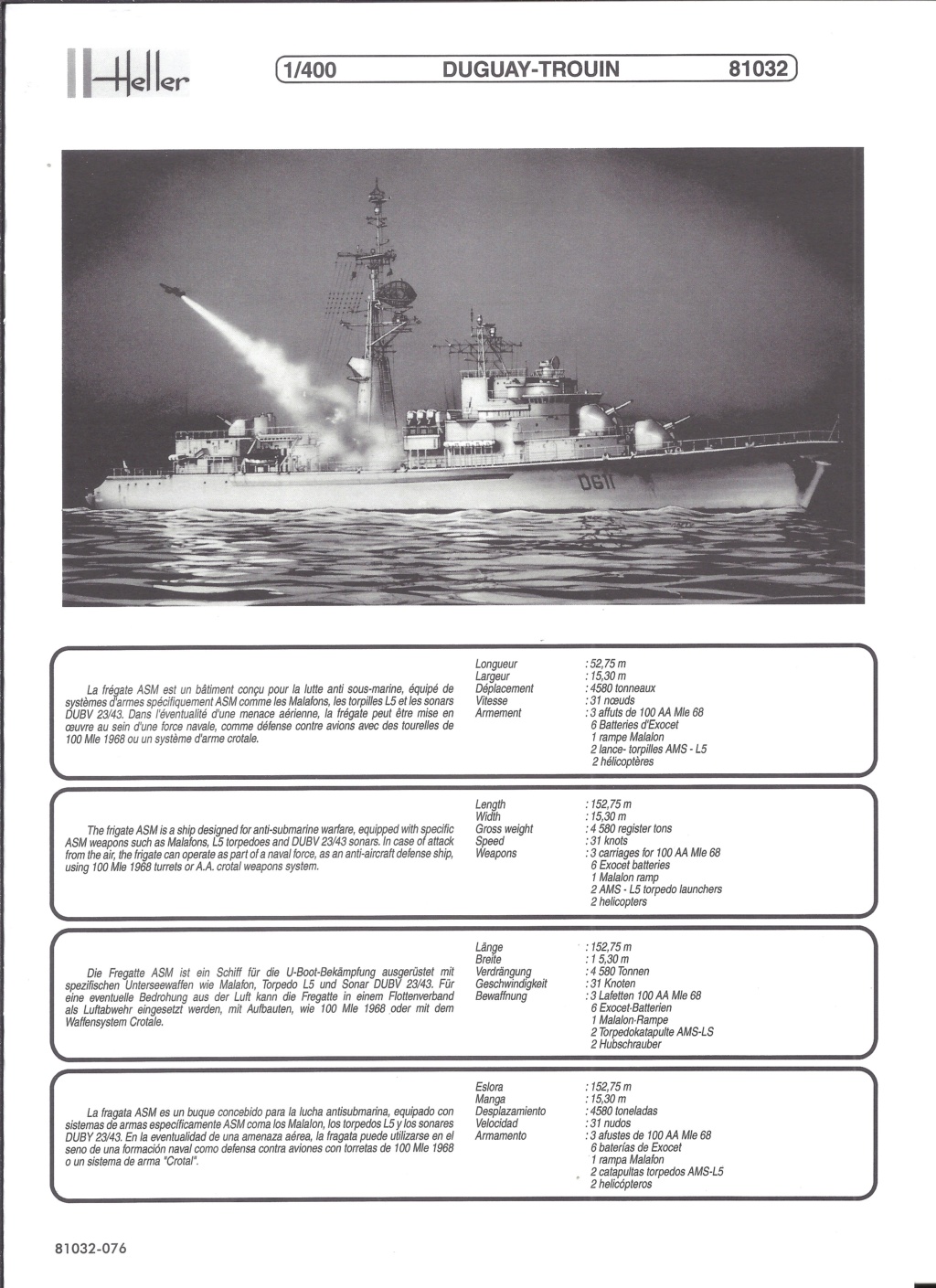 Frégate anti-sous-marine ASM C 67 D611 DUGUAY TROUIN classe TOURVILLE Réf 81032 Notice Helle121