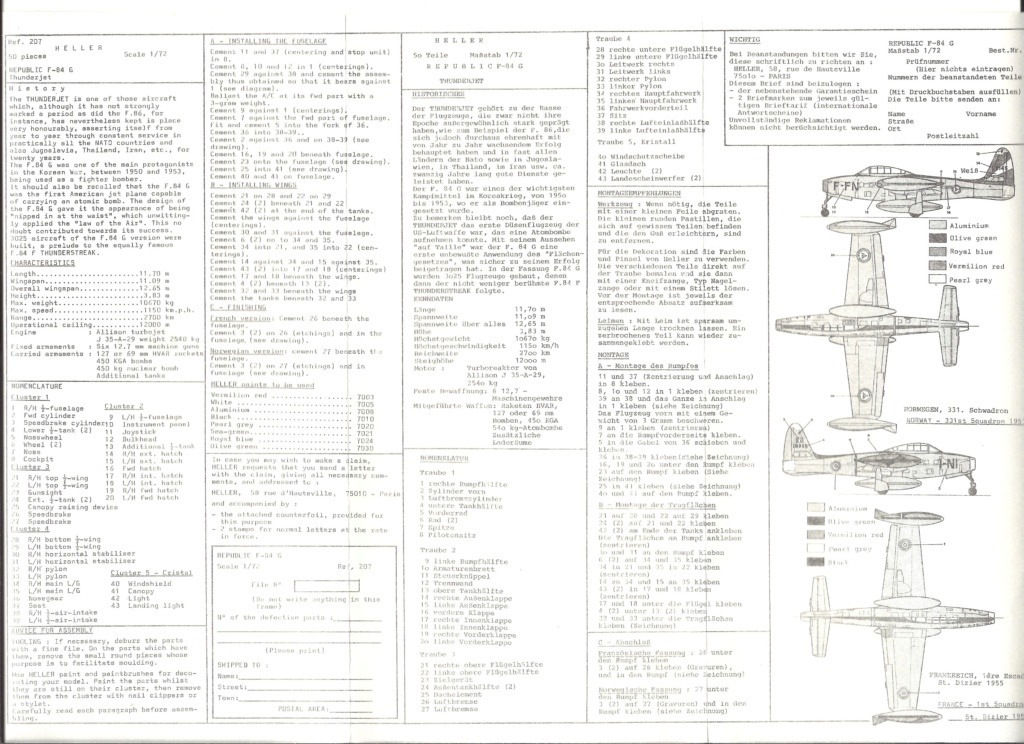 REPUBLIC F84 G THUNDERJET 1/72ème Réf 207 Notice Helle390