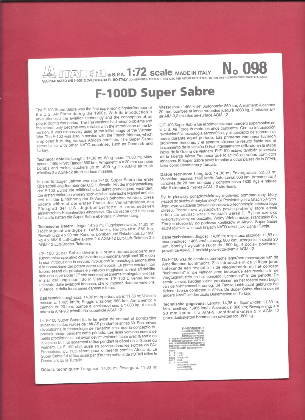 [ITALERI] NORTH AMERICAN F 100 D SUPER SABRE 1/72ème Réf 098 Ital1001