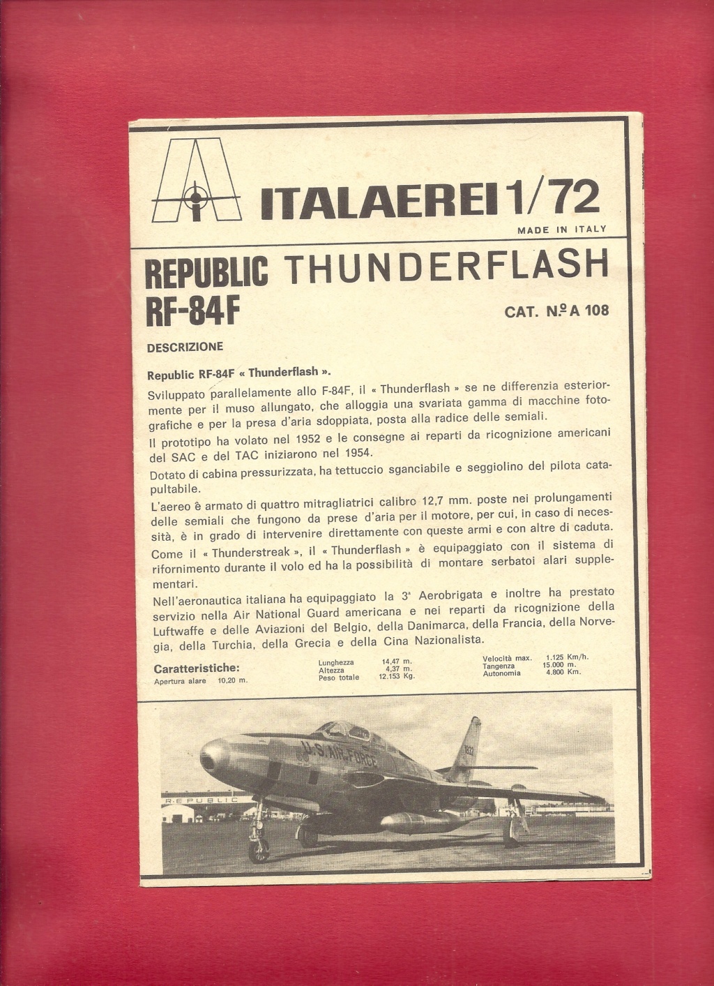 [ITALAEREI] REPUBLIC RF 84F TUNDERFLASH 1/72ème Réf A 108 Notice Italae54