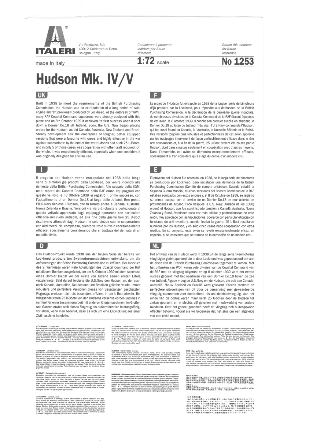[ITALERI] LOCKHEED HUDSON Mk IV/V 1/72ème Réf 1253 Notice Itale968