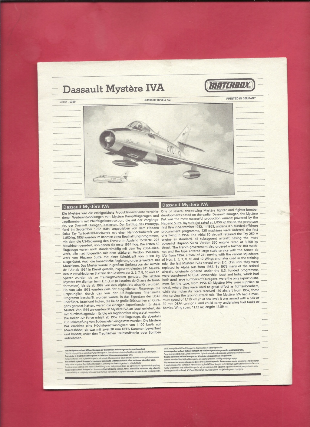 [MATCHBOX] DASSAULT MYSTERE IV A 1/72ème Réf 40061 Notice Matchb15