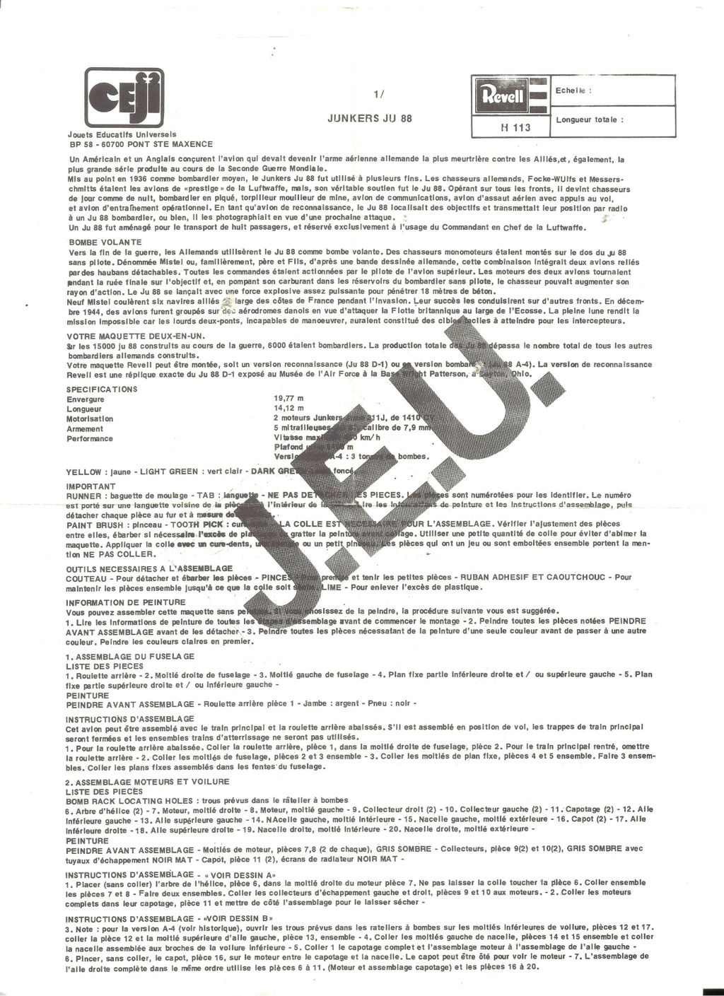[REVELL] JUNKERS Ju 88 A4/D1 1/72ème  Réf H 113 Notice Reve2757