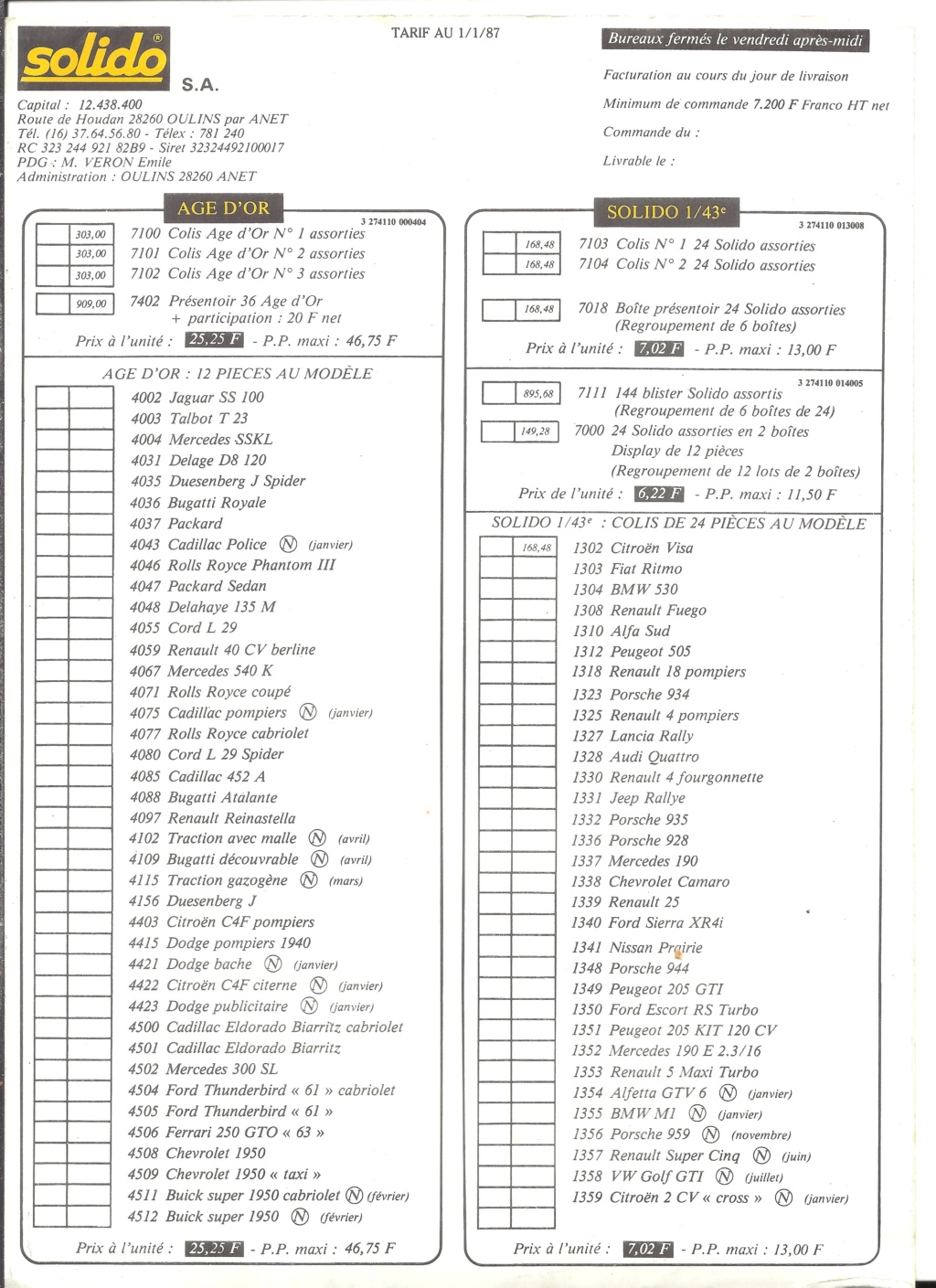 [SOLIDO 1987] Catalogue et tarif revendeur 1987  Solid487