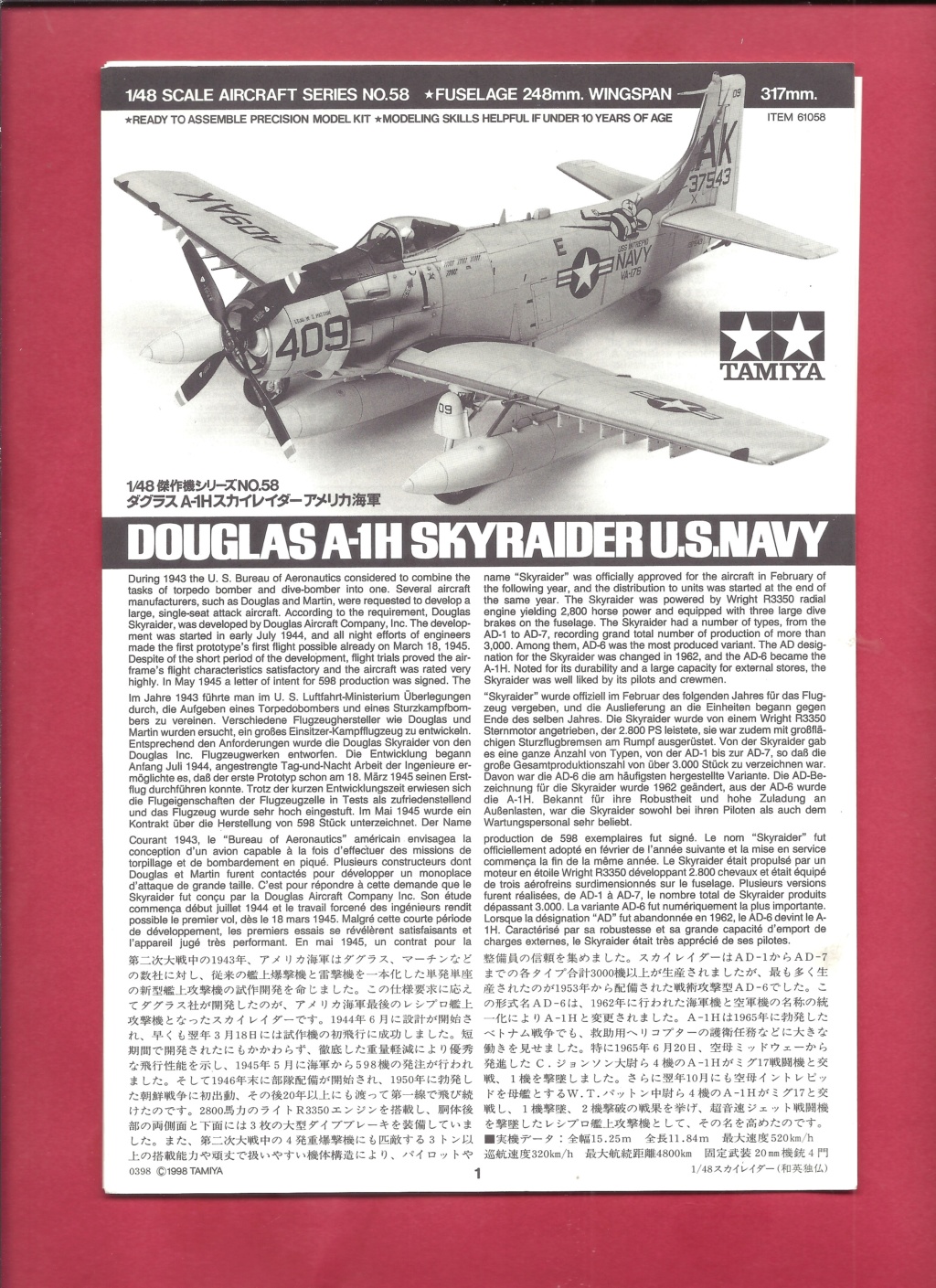 [TAMIYA] DOUGLAS A-1H & AD-4  SKYRAIDER 1/48ème Réf 61058F Série limitée Notice Tami1039