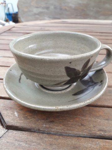 Cup and saucer with floral decoration, dv mark, or backwards r with p 20200827