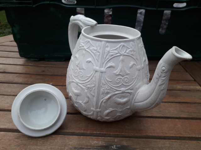 19th century? Staffordshire? Salt glaze? White teapot - convolvulus pattern 20200915