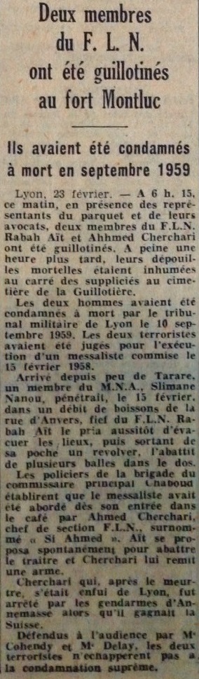 Exécutions algériennes au Fort de Montluc : documentaire et presse 2_cher10