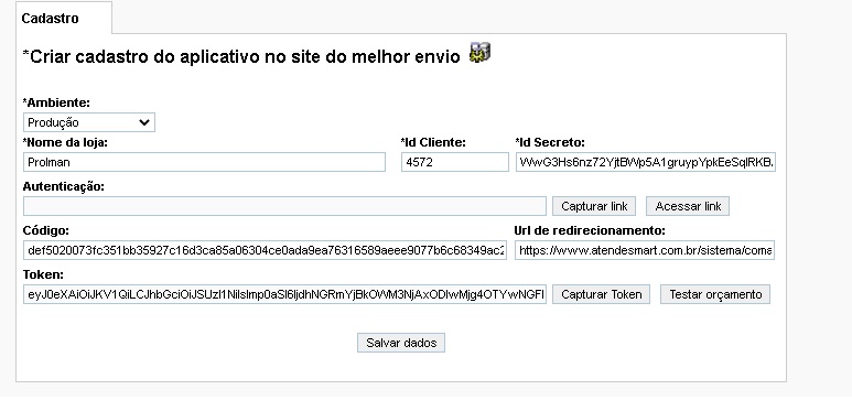 transp10 Configurar integração Melhor Envio com Atendesmart