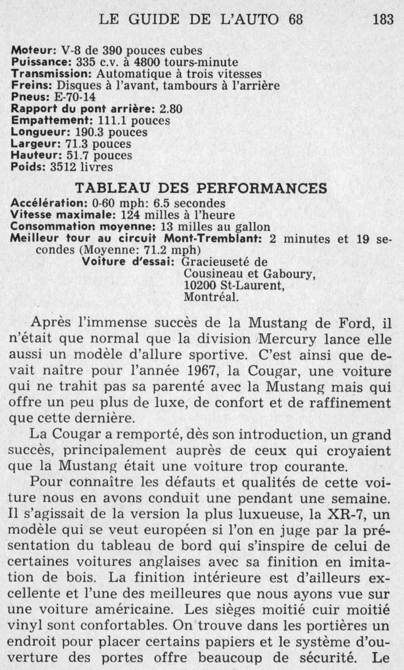 Essais d'un Mercury Cougar 1968 (selon le Guide l'Auto 68 de Jacques Duval ) 68coug11