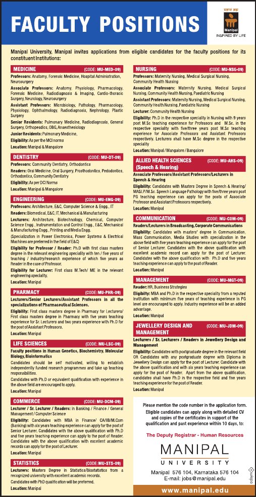 Vacancies at Manipal University Facult10