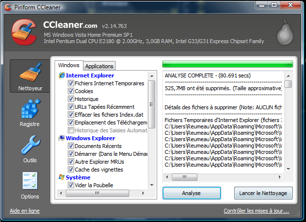 CCleaner. Netoyeur de PC logiciel gratuit. Screnn13