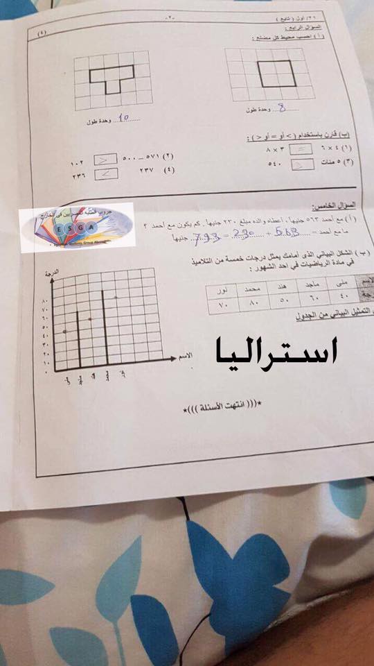 امتحان الرياضيات للصف الثانى الابتدائى ابناؤنا فى الخارج استراليا 2018 2200