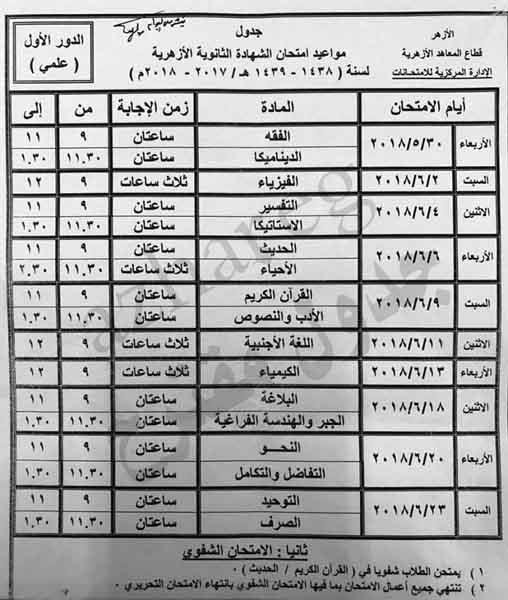 جدول امتحانات الشهادة الثانوية الأزهرية 2018 علمي وأدبي مع امتحانات الشفوي لجميع الطلاب المكفوفين والمبصرين 172110