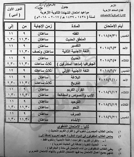 جدول امتحانات الشهادة الثانوية الأزهرية 2018 علمي وأدبي مع ...