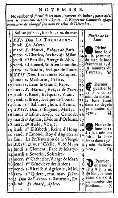1er novembre 1767: Almanach 1118