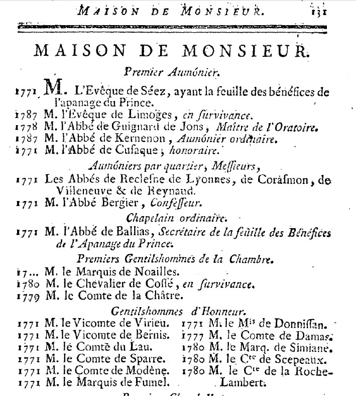 1er janvier 1789: Maison de Monsieur 1151