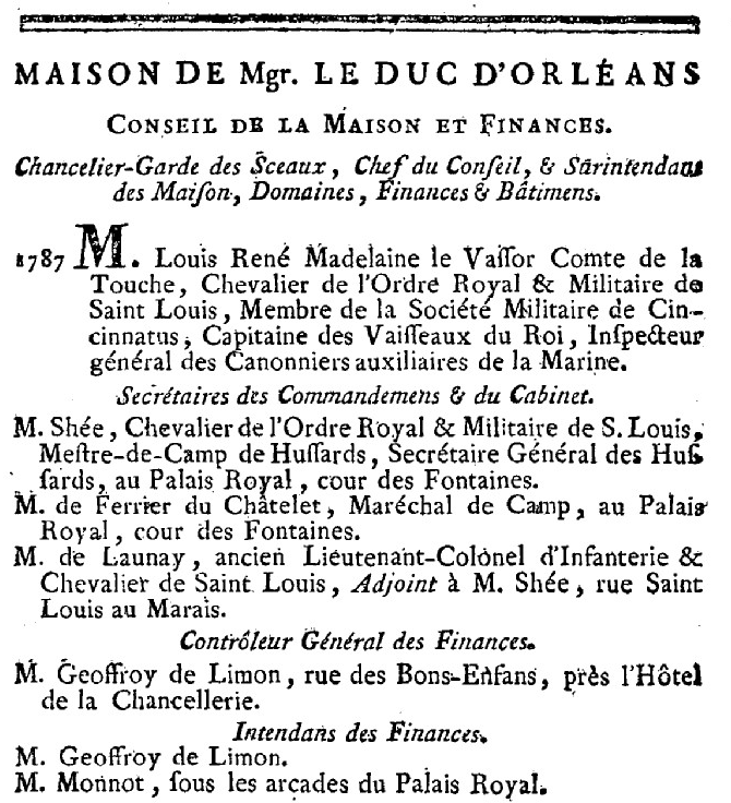 1er janvier 1789: Maison de Monseigneur le Duc d'Orléans 1158