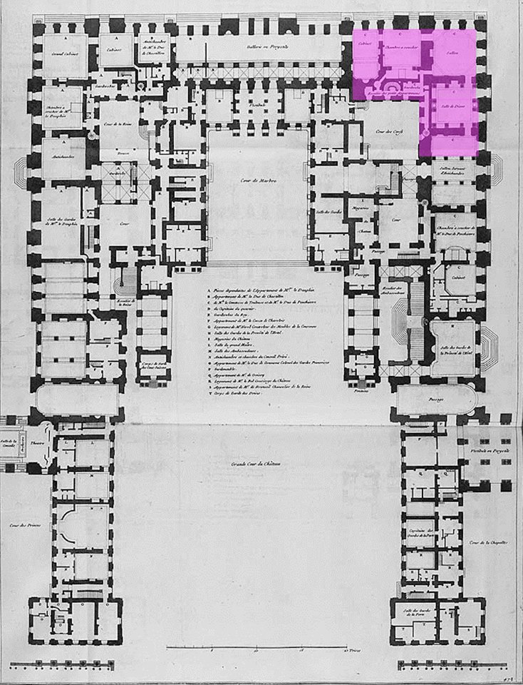 Plan du rez-de-chaussée en 1748. Madame Infante logea dans l'Appartement de la Comtesse de Toulouse. – à Château de Versailles. 33438310