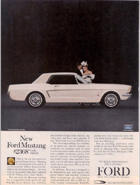 Publicité paru en avril 1964 de la Mustang 1965 (en anglais) Mustan11