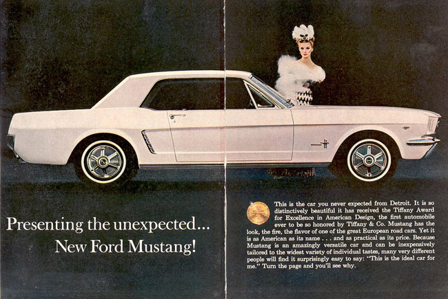 Publicité paru en avril 1964 de la Mustang 1965 (en anglais) Mustan13