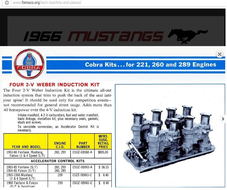 111: Accessoire de performance pour Mustang 1966: Kit d'induction 4 x 2 barils WEBER Nouve201