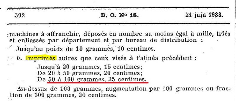 Imprimés/Echantillons - Interprétation tarif du 31/05/1933 193313