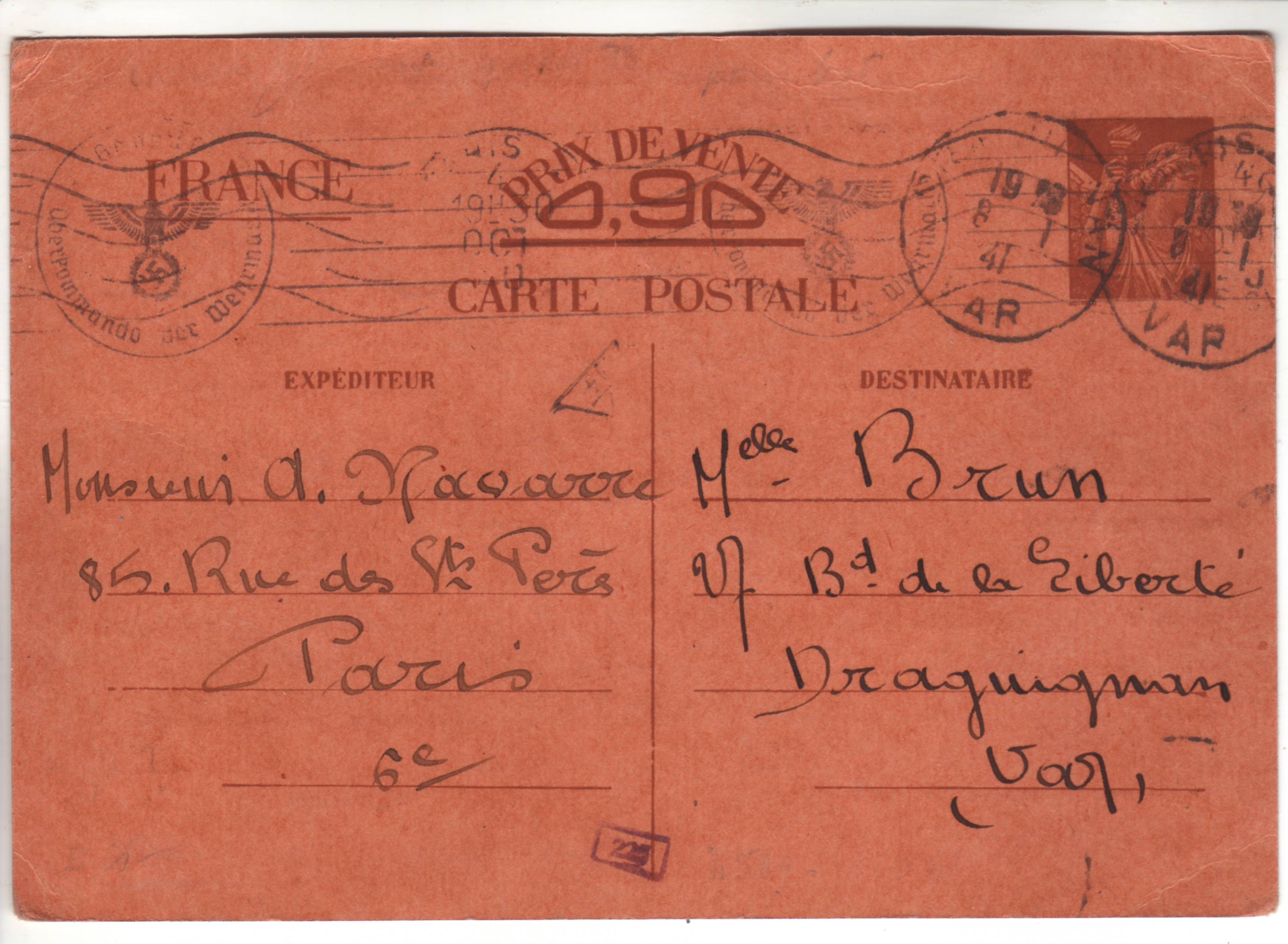 Carte Interzone de Paris 04.10.40 pour Draguignan avec censure de Francfort/Main ! A_010