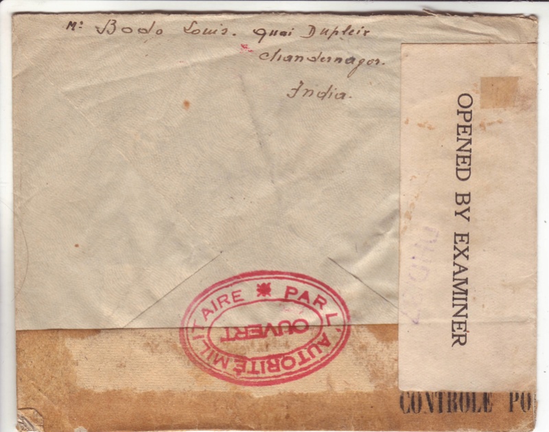 Lettre de Chandernagor de juillet 1945 ouverte par l'autorité militaire Ax110