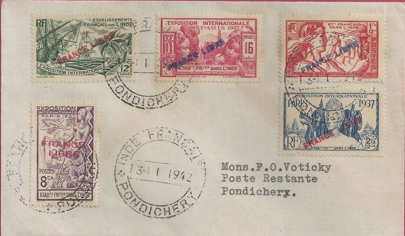 Lettre locale de Pondichery de 1942 avec au verso un cachet "Gouvernement de l'Inde Française". Inde_f10