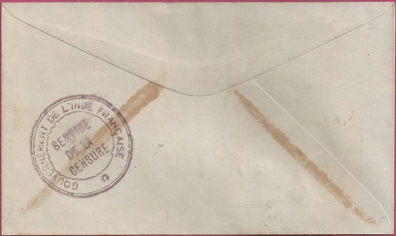 Lettre locale de Pondichery de 1942 avec au verso un cachet "Gouvernement de l'Inde Française". Inde_f11