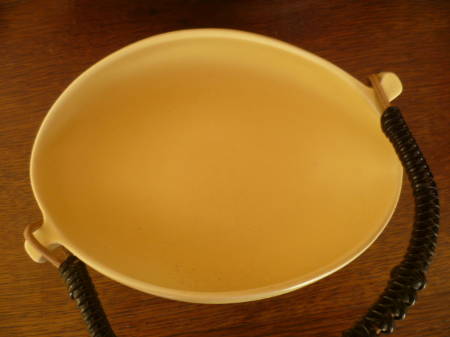 Dutch 1960's Eggshell Glaze Yellow Twisted Eliptical Wicker Handled Bowl P1280310