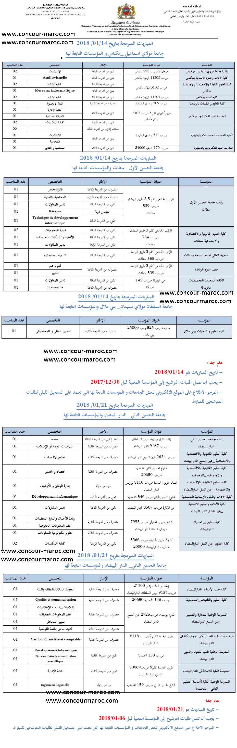 المؤسسات الجامعية : مباريات لتوظيف 70 منصب تقني و تقني متخصص و مساعد اداري و متصرف و مهندس اخر اجل 30 دجنبر 2017 و 06 و 21 و 27 يناير 2018 Concou79
